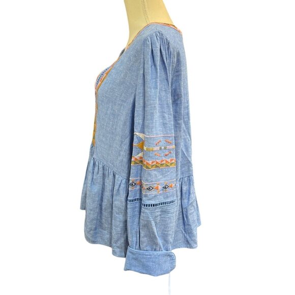 A Loves A Top Womens L Blue Linen Blend Embroidered Tunic Boho Festival Western - Picture 2 of 9
